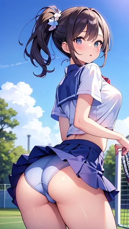 ((masterpiece)), ((high resolution)), ((best quality)), (ultra-detailed),2 girls, beauty, dynamic angle, focus girls at the tennis venue,blue bloomers in School uniform skirts, t-shirts, rear view, beautiful ass,nothing in hands