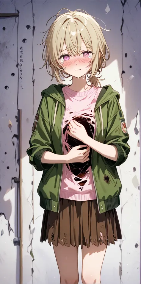  Light Blonde、Pale pink eyes、 Unkempt Short Hair 、 lower ponytail、Light Pink Ripped Sweater 、 Green Oversized Jacket、 brown skirt、 brown knee-high、 High Quality 、 tattered、Hurt、My clothes are full of holes、despair、blush、 has exposed skin、 staring at you、 i...