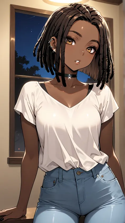 1Girl, Mature, Ebony, African American, Dark Brown Skin, Jet Black Thin Dreadlocks, Medium Straight Dreadlocks In Bob, Shiny Hair, Bright Brown Eyes, Black Nails, Dark Brown Eye Shadow, Medium Chest, Yellow High-Cut Shirt, Tight Light Blue Jeans, Black Pie...