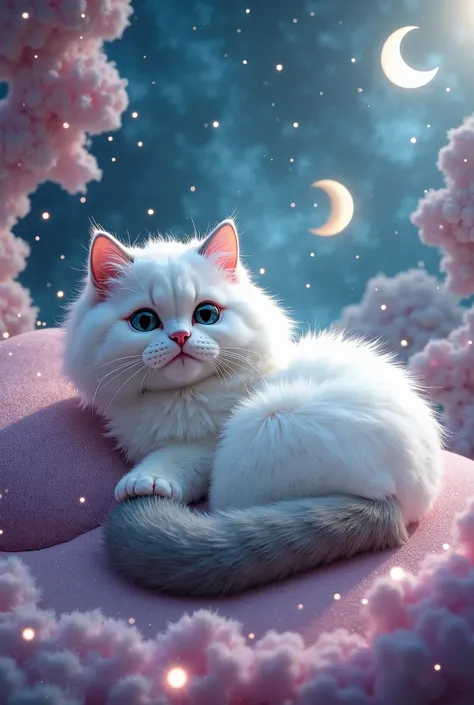 Picture a white Persian cat with a gray back and tail living happily in a cat star
