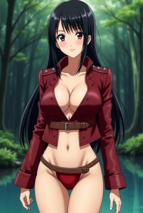 
Create an image of an incredibly beautiful young woman, she wears an open red leather jacket without a bra, up to her chest line, she has a belt with a buckle, leather straps connect the jacket to the red bikini bottom clearly, she has straight and long b...