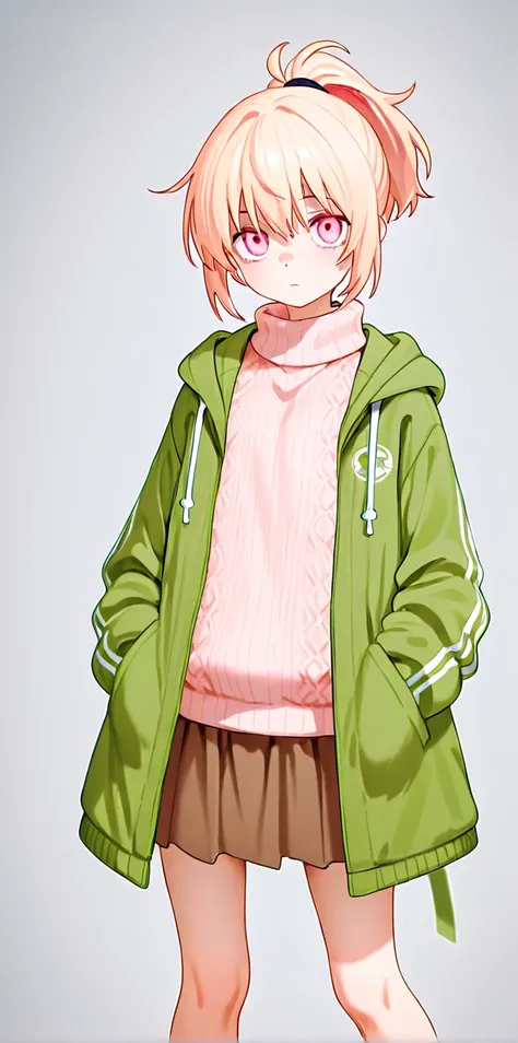  Light Blonde、Pale pink eyes、 Unkempt Short Hair 、 lower ponytail、Light Pink Ripped Sweater 、 Green Oversized Jacket、 brown skirt、 brown knee-high、 High Quality 、 tattered、Hurt、My clothes are full of holes、despair、 has exposed skin、 staring at you、 is cryi...