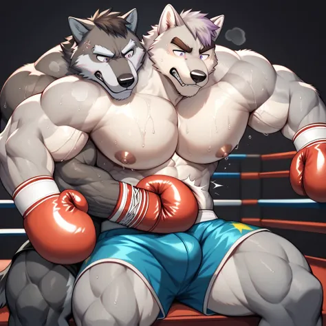 Duo anthro male(anthro Gray Wolf vs anthro Black Wolf), handsomes(handsome hairstyles, Thick eyebrows, detailed face), gay(Sitting down, Cuddling embraced from behind, legs around waist, front view, stomach punch, painful expression, on a boxing ring, blac...