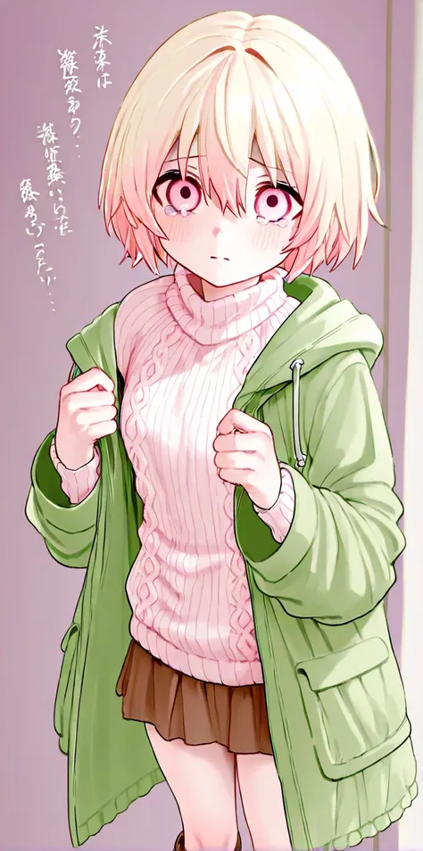 despair、 Light Blonde、Pale pink eyes、 eyes are hearts、 Unkempt Short Hair 、 lower ponytail、Light Pink Ripped Sweater 、 Green Oversized Jacket、 brown skirt、 brown knee-high、 High Quality 、 tattered、Hurt、My clothes are full of holes、despair、 has exposed skin...