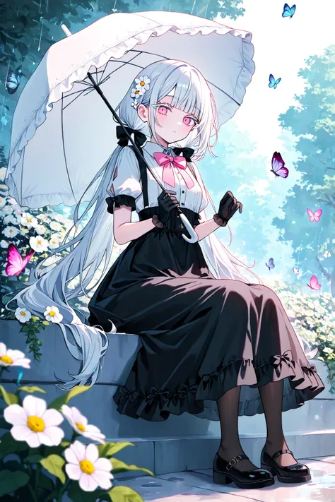 (Akakura:0.1),(Rii chan:0.1),(MMNYANG:0.1), 1girl, butterfly, bug, solo, umbrella, flower, long hair, holding, skirt, shirt, lolita, black lolita, black footwear, pink eyes, looking at viewer, hair ornament, sitting, holding umbrella, low twintails, pink b...