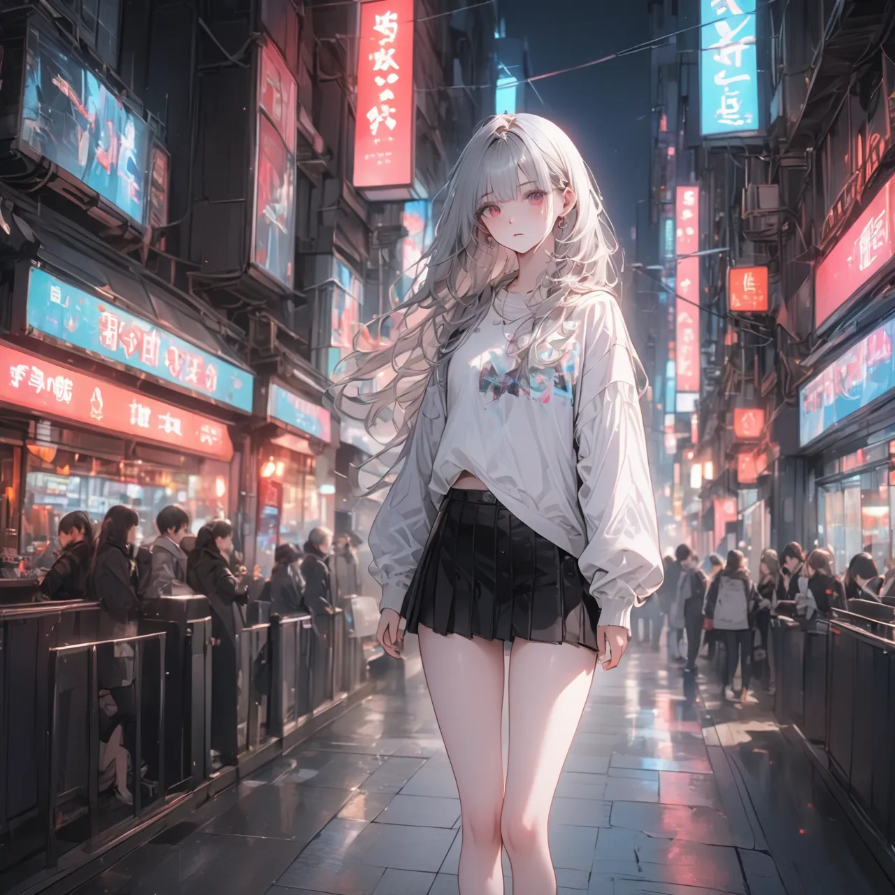 Casual fashion, young woman in mini skirt standing, neon city at night. Cyberpunk. Full body, embracing the cold air with a pensive look, she feels both anxious and strong. There is a look of determination on her face. The soft and delicate shading gives a...