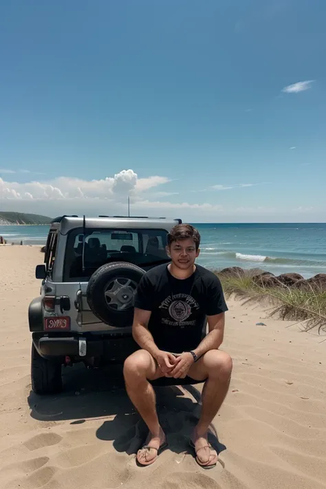 a 25 year old man was sitting in a jeep on a coastal beach