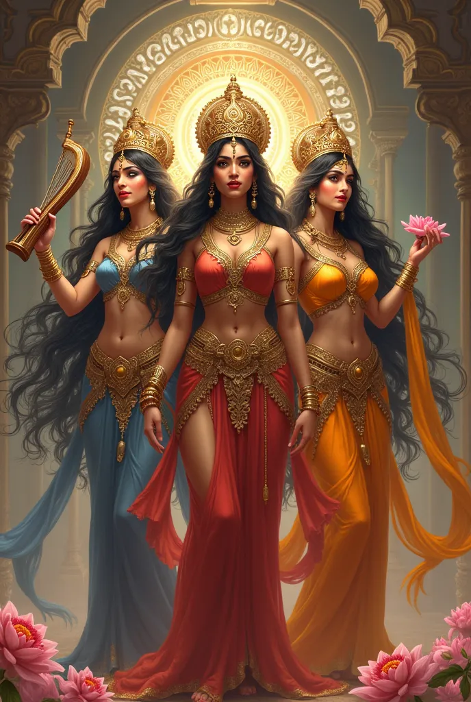 Hindu crowned goddess saraswati, lakshmi, parvati standing full body in mini skirt boobs