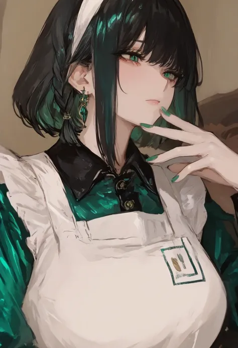 best quality, masterpiece, 748cmstyle, 1girl, 

((black hair)), (emerald eyes), ((bob cut)) big breast, milf, white hairband, multicolored, side braid,

looking at viewe, upper body, maid apron, collared dress, white apron, 


jewelry, green dress, earring...