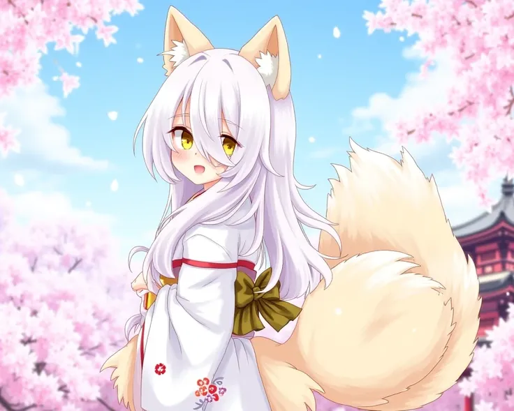 1girl, fox tail, sky, cherry blossoms, petals, temple, multiple tails, white hair, long hair, animal ears, masterpiece, yellow eyes, kitsune, hair over one eye, light smile, head tilt, close-up, portrait, open mouth, looking at viewer, fox shadow puppet,  ...