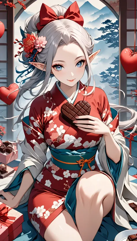Supernatural, ukiyo-e, (japanese (elf)), present chocolate for you, (beautiful elf), happy valentine's day, cryptic fantasy atmosphere, \five fingers\, fantasy effect, present from beautiful (elf), top quality, Masterpiece, high grade color,