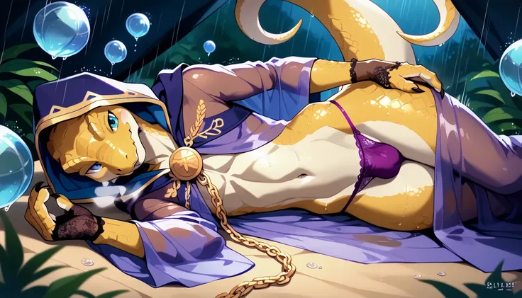 Highest quality、perfect anatomy,((Anthropomorphic male Lizardman in purple thong panties)),lace panties,Furry、Lizard head、Lizard tail,Gay、purple transparent robe,navel、Fantasy、White Breath、crotch close-up,anime style,slit eyes,scales,holding crystal ball i...