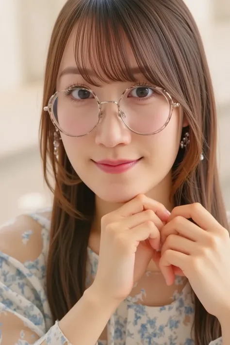 "Close-up of a cute girl wearing glasses. She has long, flowing hair, a bright and friendly smile, and sparkling eyes. Her glasses have a thin, stylish frame. The background is soft and out of focus, emphasizing her face. The lighting is soft and warm, hig...