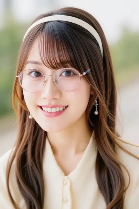 "Close-up of a cute girl wearing glasses. She has long, flowing hair, a bright and friendly smile, and sparkling eyes. Her glasses have a thin, stylish frame. The background is soft and out of focus, emphasizing her face. The lighting is soft and warm, hig...