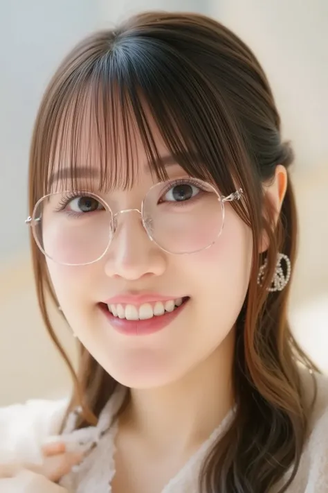 "Close-up of a cute girl wearing glasses. She has long, flowing hair, a bright and friendly smile, and sparkling eyes. Her glasses have a thin, stylish frame. The background is soft and out of focus, emphasizing her face. The lighting is soft and warm, hig...