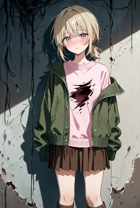  Light Blonde、Pale pink eyes、 Unkempt Short Hair 、 lower ponytail、Light Pink Ripped Sweater 、 Green Oversized Jacket、 brown skirt、 brown knee-high、 high quality、 tattered、Hurt、My clothes are full of holes、despair、blush、 has exposed skin、 staring at you、