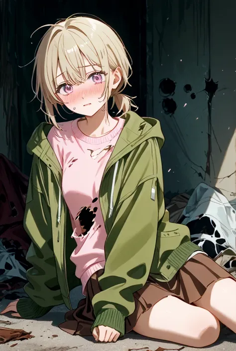  Light Blonde、Pale pink eyes、 Unkempt Short Hair 、 lower ponytail、Light Pink Ripped Sweater 、 Green Oversized Jacket、 brown skirt、 brown knee-high、 high quality、 tattered、Hurt、My clothes are full of holes、despair、blush、 has exposed skin、 staring at you、