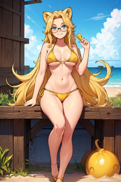 female, long blonde hair, blue eyes, blonde lion ears, (((1girl))), (((golden yellow bikini top))), (golden yellow bikini bottoms), (black glasses), cute and sexy, full body, huge breasts, long legs, smiling