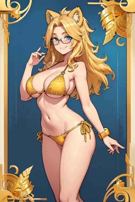 female, long blonde hair, blue eyes, blonde lion ears, (((1girl))), (((golden yellow bikini top))), (golden yellow bikini bottoms), (black glasses), cute and sexy, full body, huge breasts, long legs, smiling