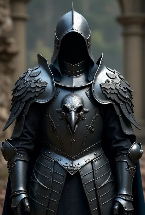 medieval armor, dark grey, metal feathers on the pauldrons, intricate raven skull motif on breastplate, metal belt decorated with raven claws 