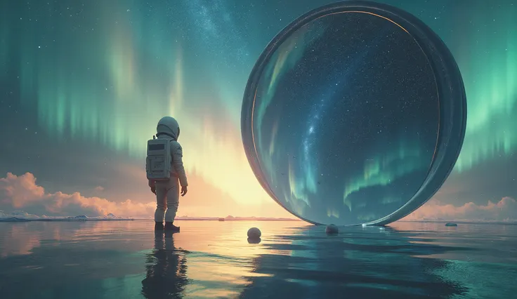 A lone astronaut stands before a massive floating mirror in deep space, reflecting an infinite number of versions of themselves. Each reflection exists in a different cosmic realm—some in galaxies of fire, others in oceans of liquid light. The astronaut re...