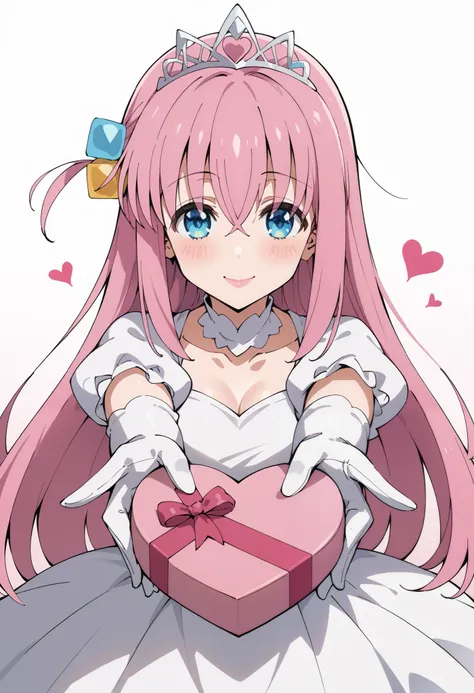 Score_9, score_8_up, score_7_up, source_anime, hitori gotou, blue eyes, cube hair ornament, hair between eyes, hair ornament, pink hair, one side up, long hair, princess, white dress, puffy sleeves, short sleeves, white elbow gloves, silver tiara, jewelry,...
