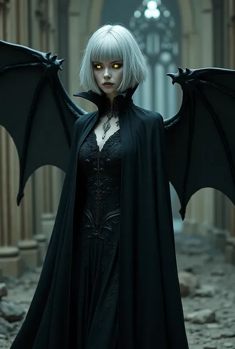 crie uma vamipra com a pele cinza clara, Short gray hair, yellow eyes, Bat wings and with gothic clothing style 