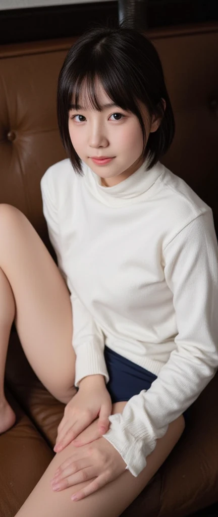 ((13-years-old:1.2)),((Japanese little-girl:1.2)),((13-years-old:1.2)),((Japanese little-girl:1.2)),(extra short hair cut), sitting ,(close up shot),spread legs,(wet panties:1.2),(navy blue panties) ,white sweater, white collar,blush, cameltoe, closed mout...