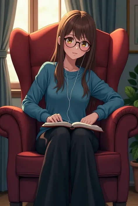 girl with glasses, Earphones, a book, long brown hair with bangs ,  honey-colored eyes , blue sweater,  wide black pants and mystery look sitting in an animated anime style armchair and in front of a boy sitting with slightly long dark hair, high, deep gre...