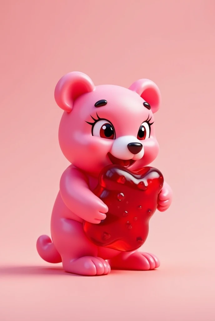 pink gummy bear eating a red gummy bear