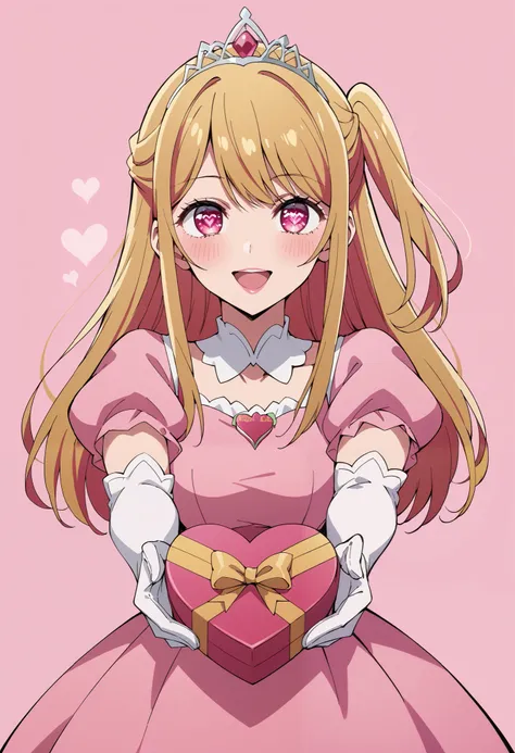 Score_9, score_8_up, score_7_up, source_anime, ruby hoshino, long hair, bangs, blonde hair, pink eyes, sidelocks, symbol-shaped pupils, multicolored hair, two-tone hair, one side up, princess, pink dress, puffy sleeves, short sleeves, white elbow gloves, s...