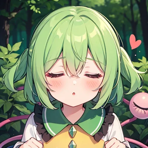  one girl, Beautiful appearance、Komeiji Koishi ,  small,  close your mouth、Dead Eyes、 has no highlights、 Long Sleeve、 green hair、forest、 heart symbol