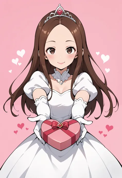 Score_9, score_8_up, score_7_up, source_anime, aatakagi, solo, long hair, brown hair, parted bangs, forehead, small breasts, princess, white dress, puffy sleeves, short sleeves, white elbow gloves, silver tiara, jewelry, heart-shaped box, holding, box, gif...