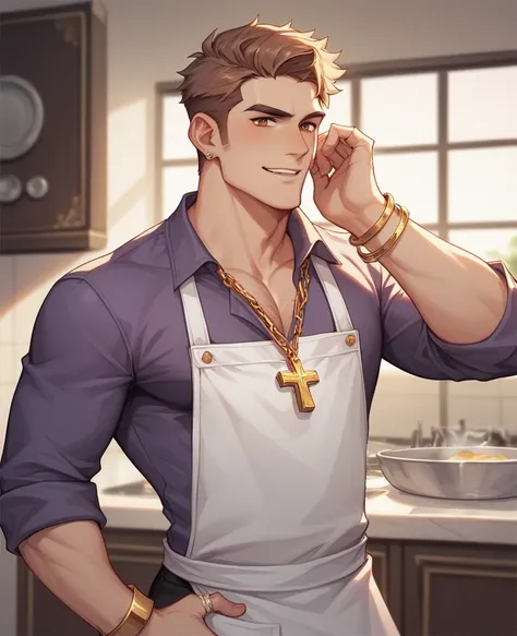 He is an Italian middle‐aged man with brown eyes and brown hair. He’s using a combover in an attempt to conceal baldness. He’s not clean‐shaven and has a chevron‐type mustache.

His violet shirt open on the chest and with rolled‐up sleeves reveals manly ha...