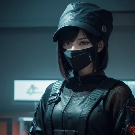 1girl, close up of a person wearing a hat and holding a sword, artwork in the style of guweiz, tokio futuristic in background, charli bowater and artgeem, surgical mask covering mouth, wlop : :, dark clothing, 3 d mesh, cp2077, intimidating woman