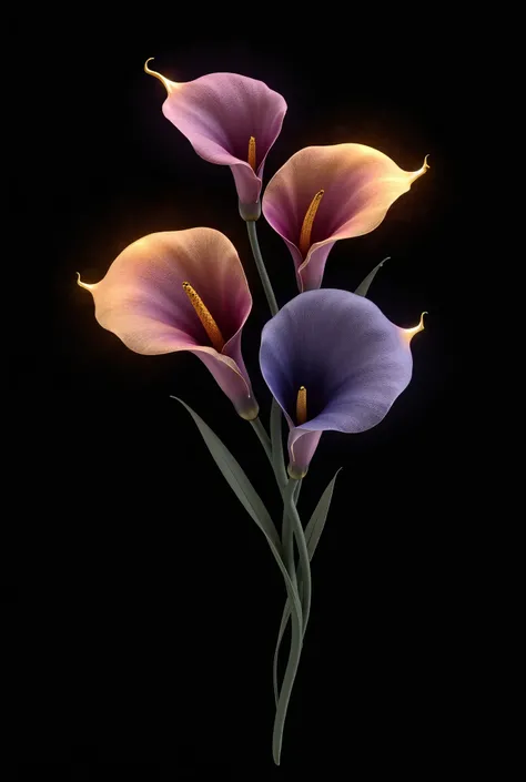 A digital artwork of elegant calla lily flowers with a modern, luxurious aesthetic. The petals have a gradient of deep purple, soft gold, and midnight blue, blending smoothly. Delicate golden details accentuate the flowers, giving them a glowing effect. Th...