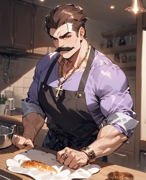 He is an Italian middle‐aged man with brown eyes and brown hair. He’s using a combover in an attempt to conceal baldness. He’s not clean‐shaven and has a chevron‐type mustache.

His violet shirt open on the chest and with rolled‐up sleeves reveals manly ha...