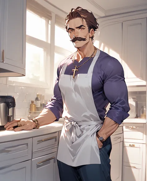 He is an Italian middle‐aged man with brown eyes and brown hair. He’s using a combover in an attempt to conceal baldness. He’s not clean‐shaven and has a chevron‐type mustache.

His violet shirt open on the chest and with rolled‐up sleeves reveals manly ha...