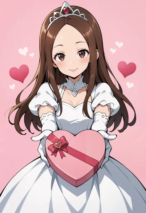 Score_9, score_8_up, score_7_up, source_anime, aatakagi, solo, long hair, brown hair, parted bangs, forehead, small breasts, princess, white dress, puffy sleeves, short sleeves, white elbow gloves, silver tiara, jewelry, heart-shaped box, holding, box, gif...