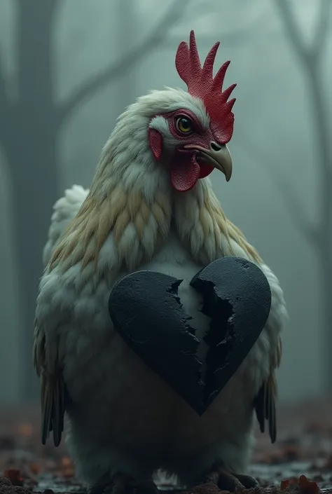 Sad chiken with black heart broken