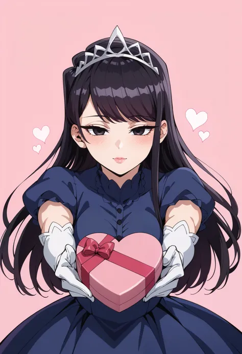 Score_9, score_8_up, score_7_up, source_anime, shouko komi, long hair, bangs, black hair, black eyes, half-closed eyes, princess, blue dress, puffy sleeves, short sleeves, white elbow gloves, silver tiara, jewelry, heart-shaped box, holding, box, gift, val...