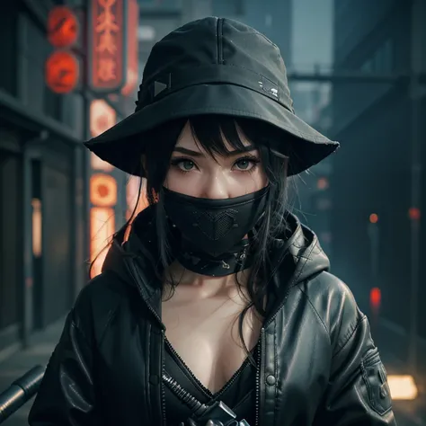 1girl, close up of a person wearing a hat and holding a sword, artwork in the style of guweiz, tokio futuristic in background, charli bowater and artgeem, surgical mask covering mouth, wlop : :, dark clothing, 3 d mesh, cp2077, intimidating woman