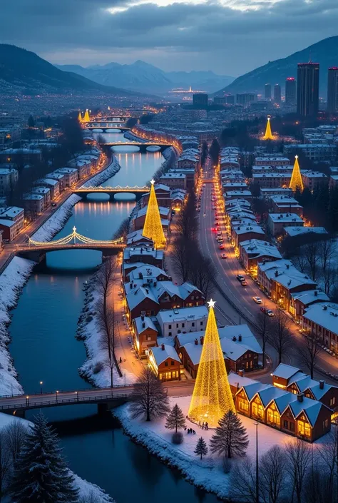 A relatively large ,  Christmassy decorated city .  The city can be seen from a bird's eye view .  In the left part of the picture, a deep blue river snakes through .  On the left side of the river ,  there are rather lower houses ,  that are also decorate...