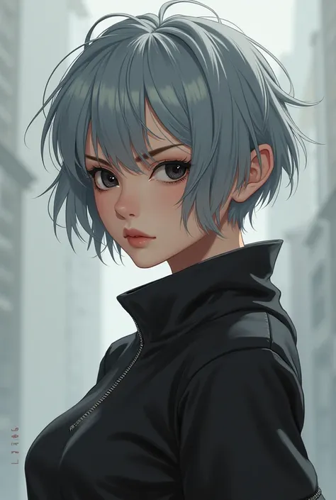 anime, adult woman with masculine features, very short,greylish-blue hair, black eyes.