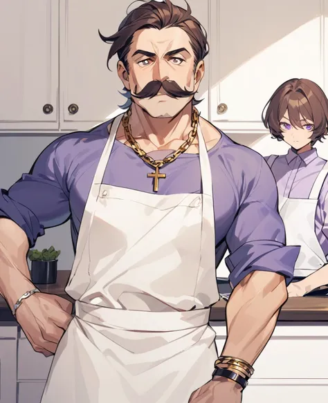 He is an Italian middle‐aged man with brown eyes and brown hair. He’s using a combover in an attempt to conceal baldness. He’s not clean‐shaven and has a chevron‐type mustache.

His violet shirt open on the chest and with rolled‐up sleeves reveals manly ha...