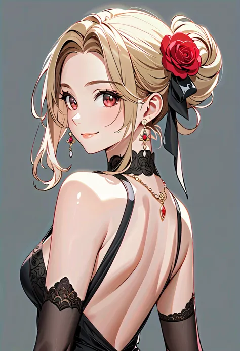 ((Masterpiece)), ((top quality)), (very well detailed), ((very well detailed)), 4K, (8k), very beautiful, absurd high res , one woman, mature woman, perfect anatomy, dress, solo, blonde, red eyes, hair ornament, jewelry, earrings, black , hair flower, flow...