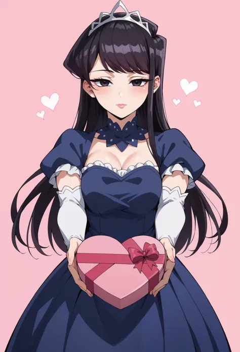 Score_9, score_8_up, score_7_up, source_anime, shouko komi, long hair, bangs, black hair, black eyes, half-closed eyes, princess, blue dress, puffy sleeves, short sleeves, white elbow gloves, silver tiara, jewelry, heart-shaped box, holding, box, gift, val...