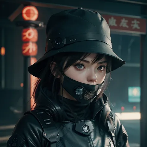 1girl, close up of a person wearing a hat and holding a sword, artwork in the style of guweiz, tokio futuristic in background, charli bowater and artgeem, surgical mask covering mouth, wlop : :, dark clothing, 3 d mesh, cp2077, intimidating woman