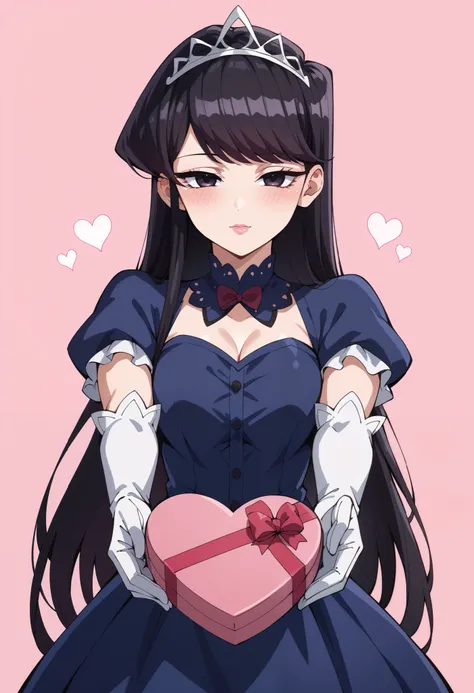 Score_9, score_8_up, score_7_up, source_anime, shouko komi, long hair, bangs, black hair, black eyes, half-closed eyes, princess, blue dress, puffy sleeves, short sleeves, white elbow gloves, silver tiara, jewelry, heart-shaped box, holding, box, gift, val...