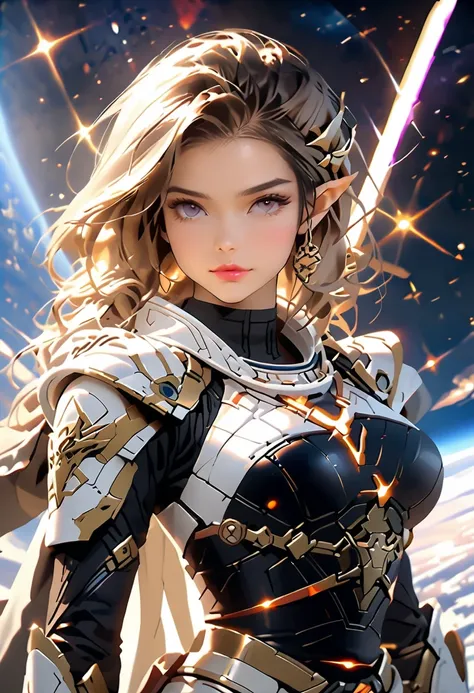 Masterpiece, (highest quality, create a high resolution,4K, 8k),(realistic,  photorealistic: 1.5),  (((Space Samurai Elves ))) 、 Samurai Elves in Space 、Neo master jedi knight、To fly through outer space、 Standing on a Small Planet , Corset and hooded 、 A w...